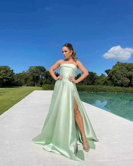 Strapless Green A Line Long Prom Dresses With Slit SP209