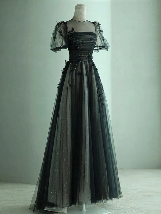 A Line Tulle Long Prom Dress Black Formal Evening Dress SP591