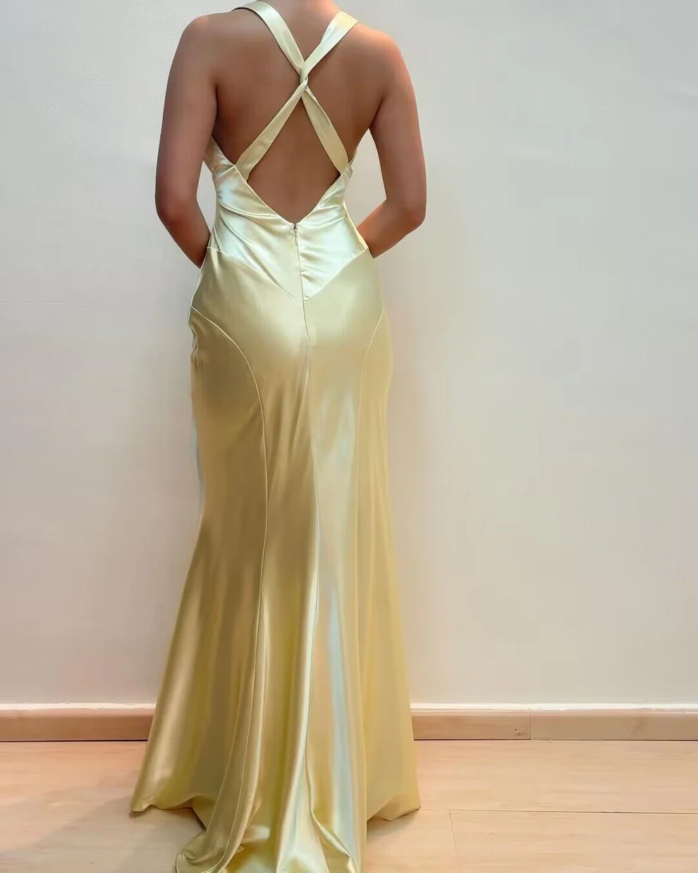 V Neck Yellow Open Back Mermaid Satin Long Prom Dress SP166