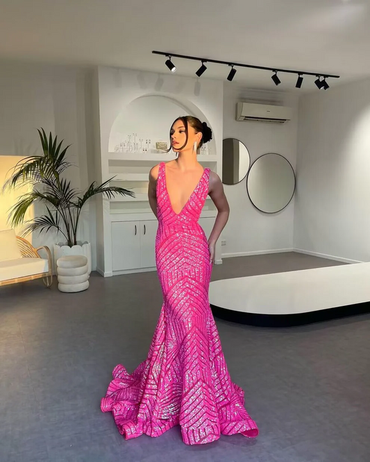 Deep V Neck Evening Dress Pink Sequin Mermaid Prom Dress SP225