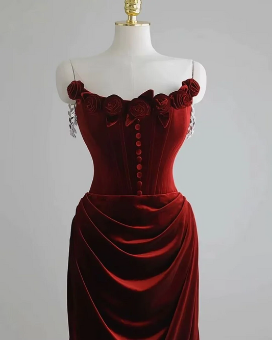 Spaghetti Straps Burgundy Mermaid Velvet Long Prom Dress Elegant Birthday Party Dress SP120