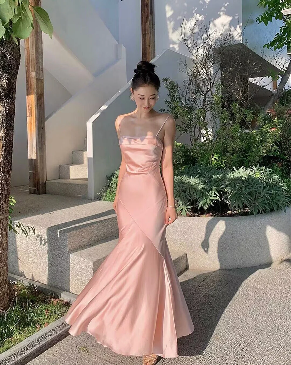 Spaghetti Straps Pink Mermaid Satin Long Prom Dresses SP280
