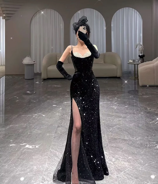 Spaghetti Straps Black Sequin Mermaid Long Prom Dress With Slit SP167