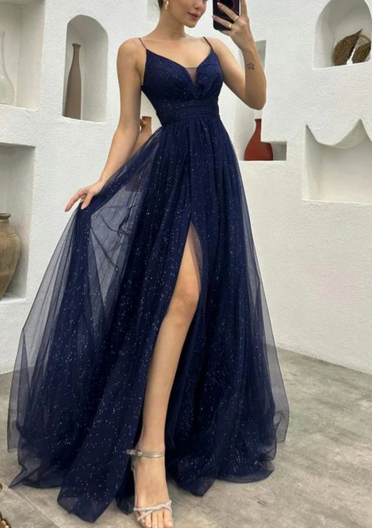 Spaghetti Straps A Line Navy Shiny Tulle Long Prom Dresses With Slit SP313