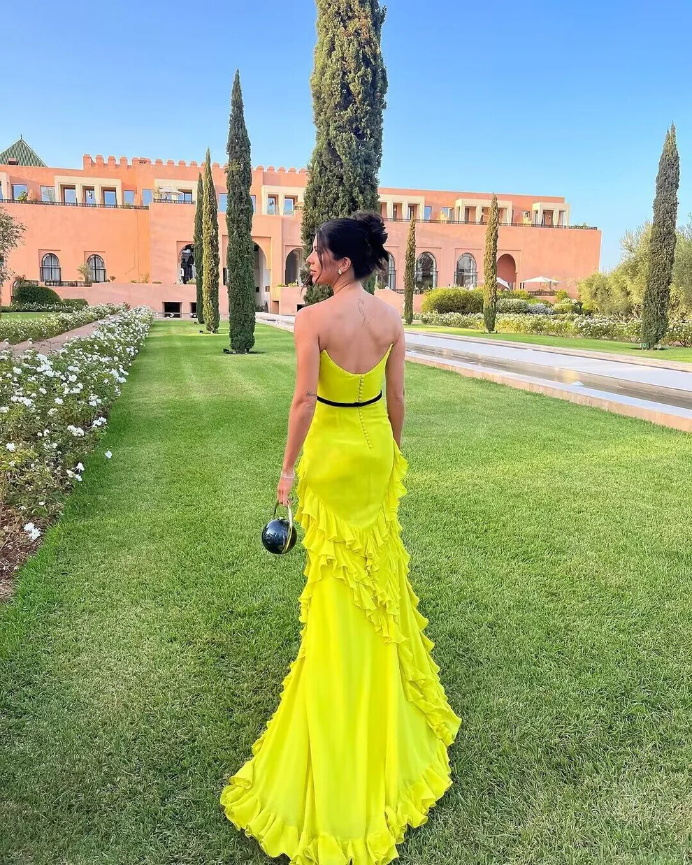 Strapless Yellow Open Back Ruffled A Line Long Prom Dress SP132