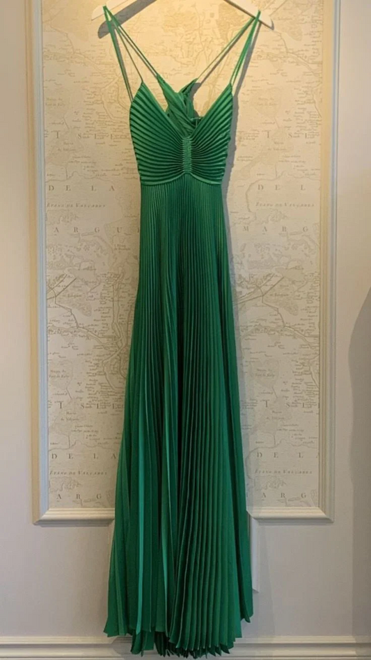 Spaghetti Straps  Green A Line Pleated Long Prom Dresses SP348