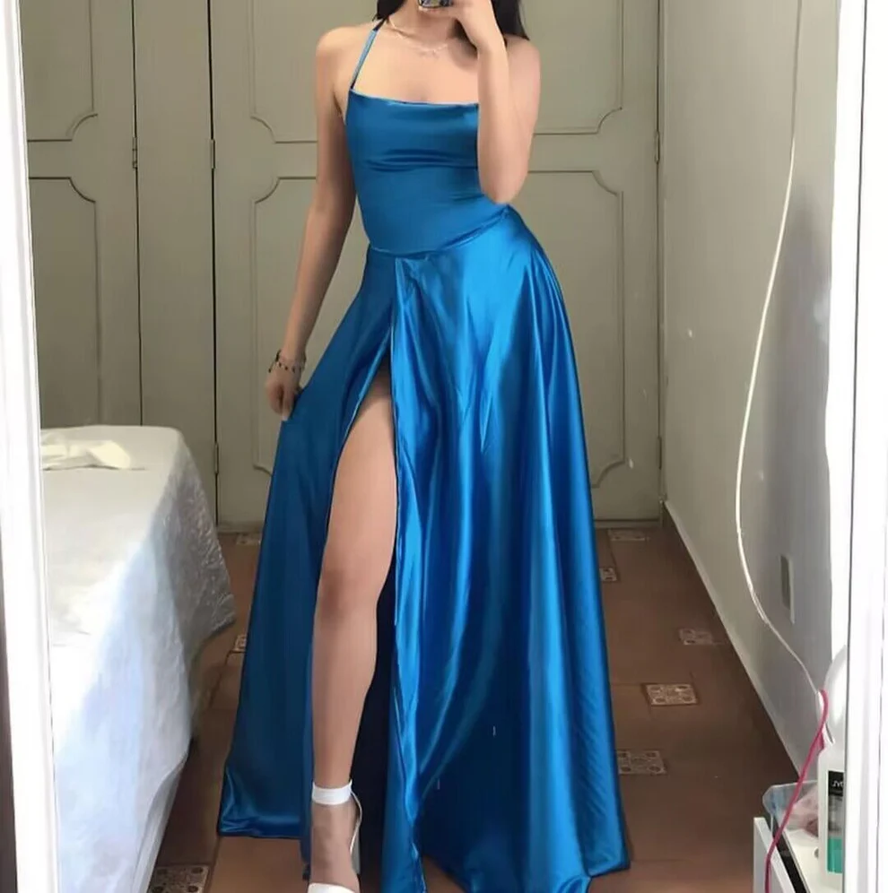 Spaghetti Straps A Line Blue Satin Long Prom Dress With Slit SP116