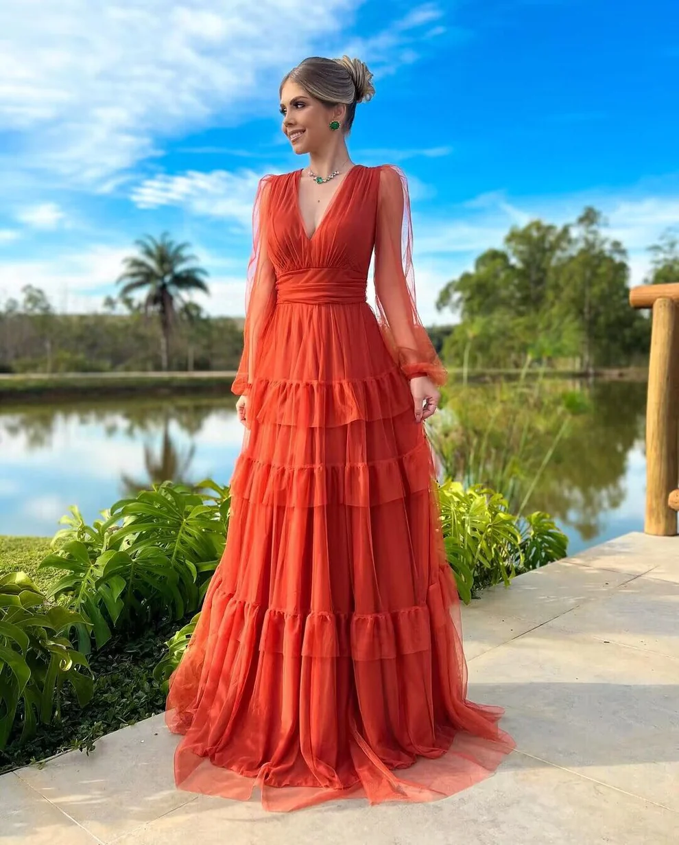 Rust Red Sweet 16 Prom Dress V Neck A Line Tulle Long Prom Dress SP237