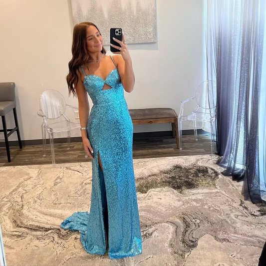 Spaghetti Straps Blue Sequin Sheath Long Prom Dress With Slit SP158