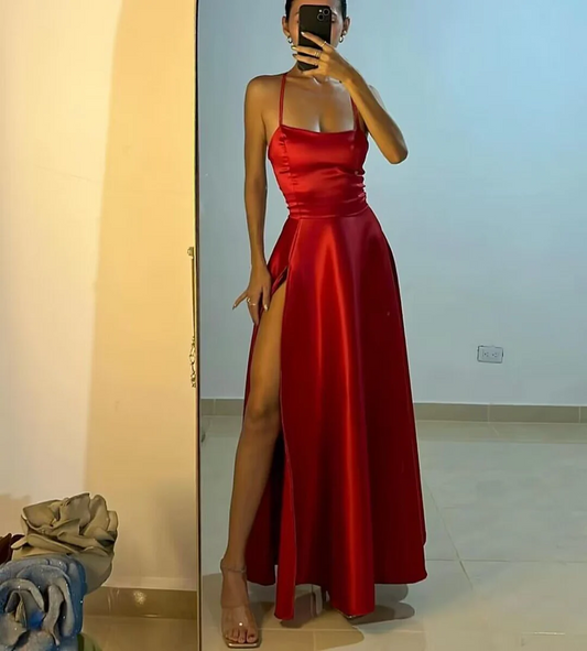 Red A Line Satin Long Prom Dress Formal Party Dress With Slit SP176