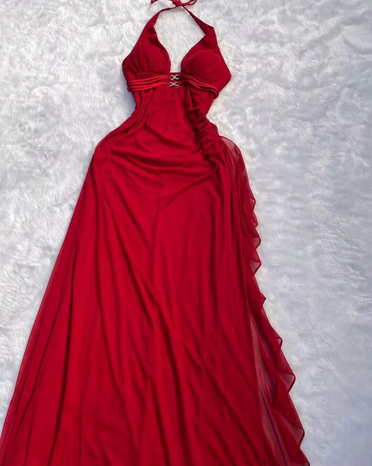 Halter Red A Line Long Prom Dresses Ruffled Evening Dresses SP287