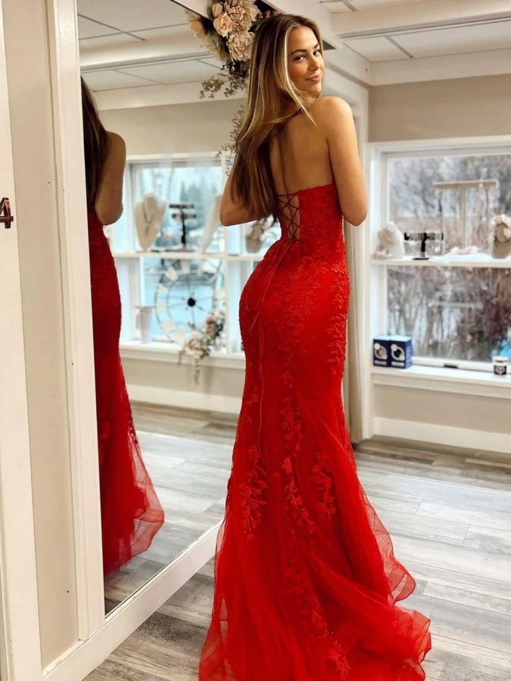Strapless Red Evening Dress Mermaid LaceLong Prom Dress SP402