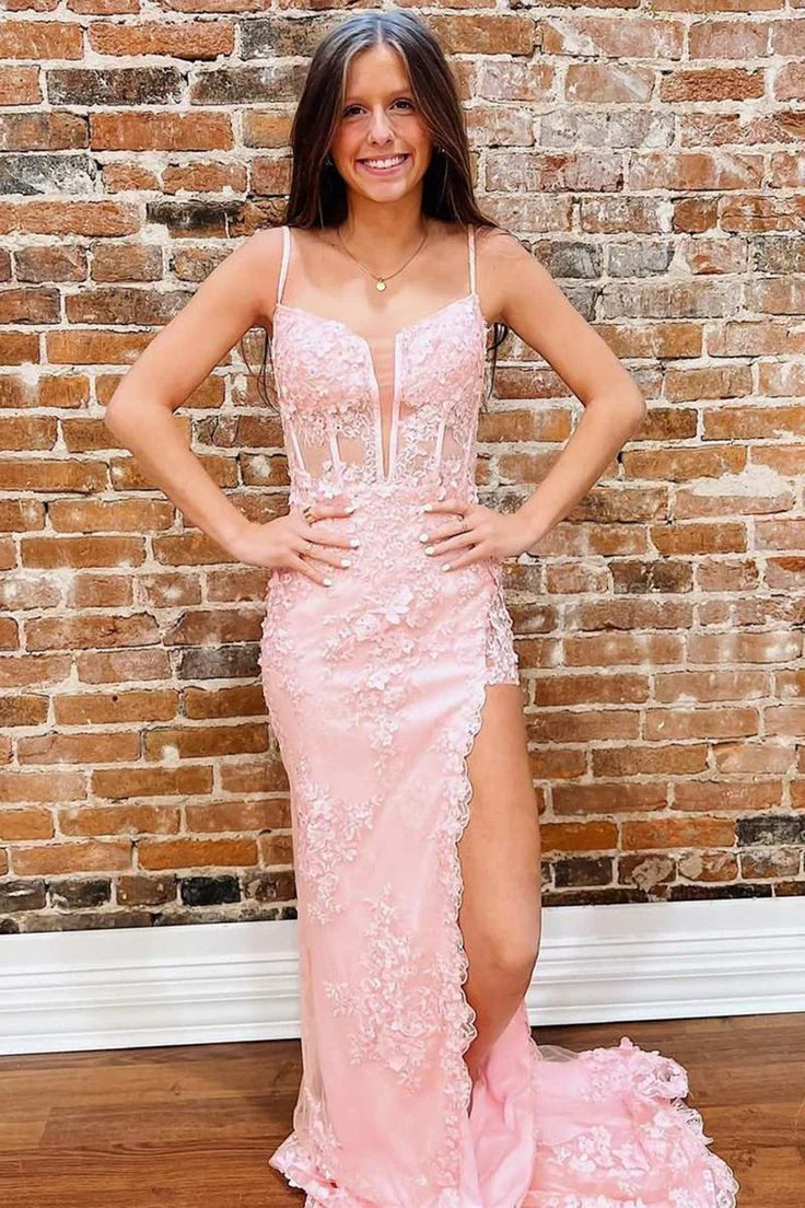 Pink Lace Long Prom Dress With High Slit Mermaid Formal Graduation Evening Dress SP449