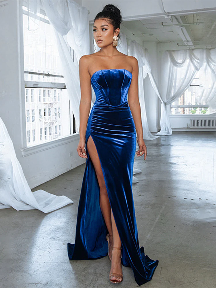 Strapless Velvet Prom Dress Hight Slit Formal Evening Dress with Slit SP561
