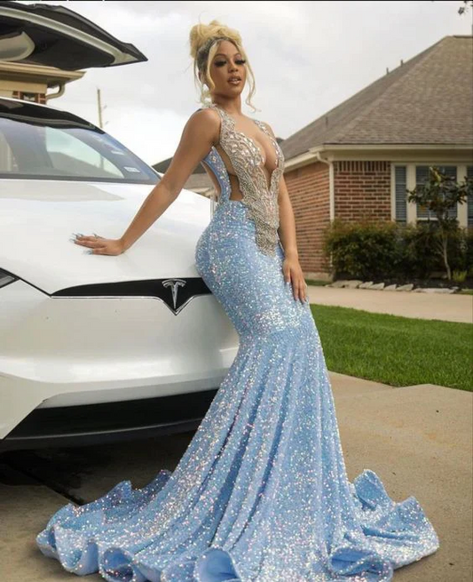 Blue Sequin Sparkly Evening Dress Long Mermaid Prom Dress SP739