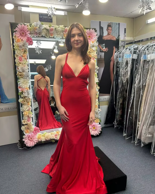 V Neck Red Mermaid Long Prom Dress Backless Evening Party Dress SP227