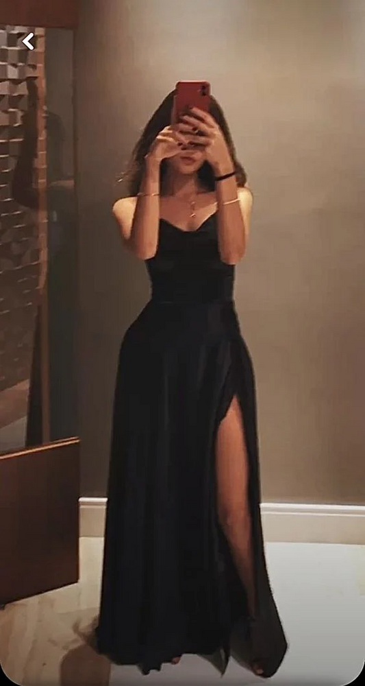 Spaghetti Straps A Line V Neck Black  Long Prom Dress With Slit SP807