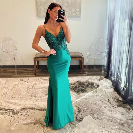 Spaghetti Straps Green Open Back Satin Long Mermaid Prom Dress With Applique SP214