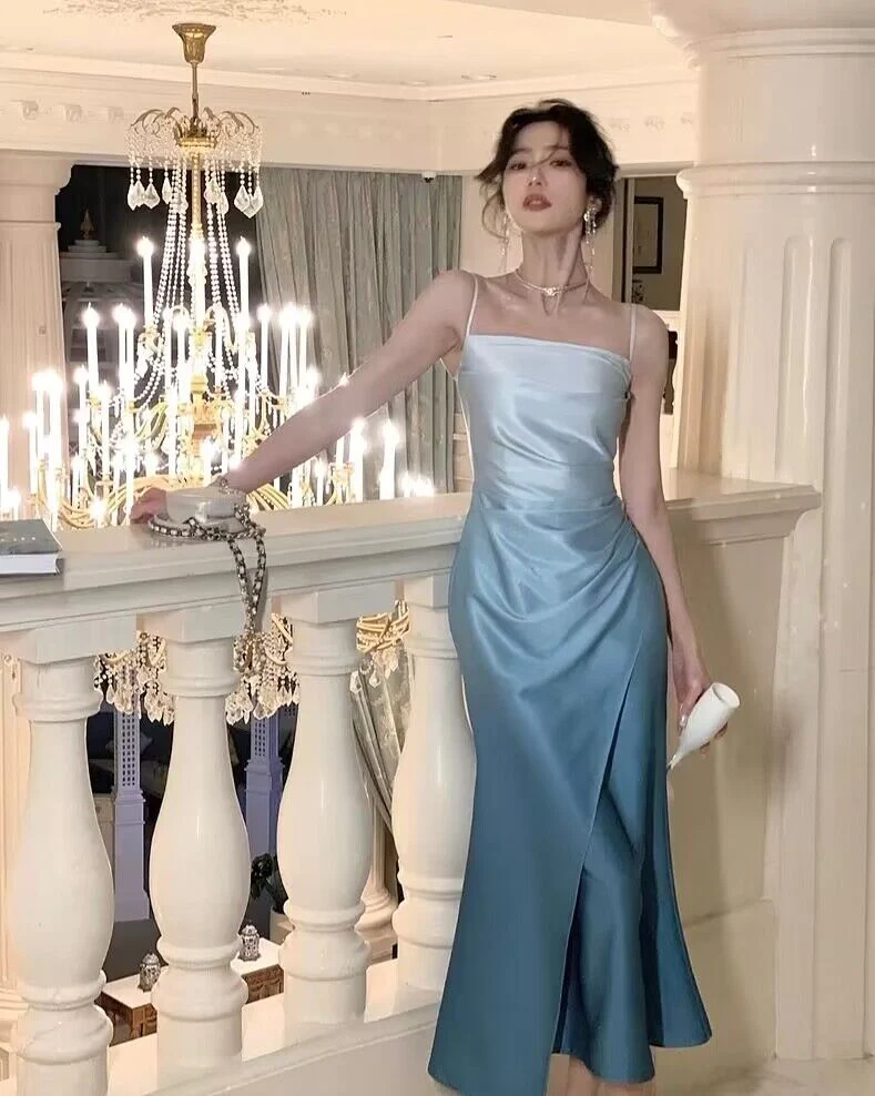 Spaghetti Straps Gradient Blue Mermaid Long Prom Dresses SP256