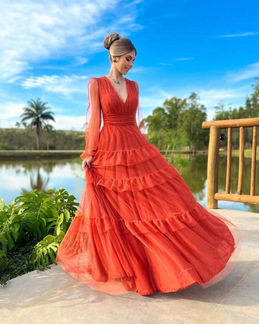 Rust Red Sweet 16 Prom Dress V Neck A Line Tulle Long Prom Dress SP237