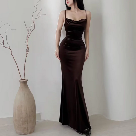 Spaghetti Straps Backless Brown Mermaid Long Prom Dresses SP304
