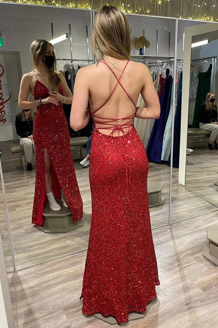 Spaghetti Straps Backless Sheath Red Sequin Long Prom Dress SP406