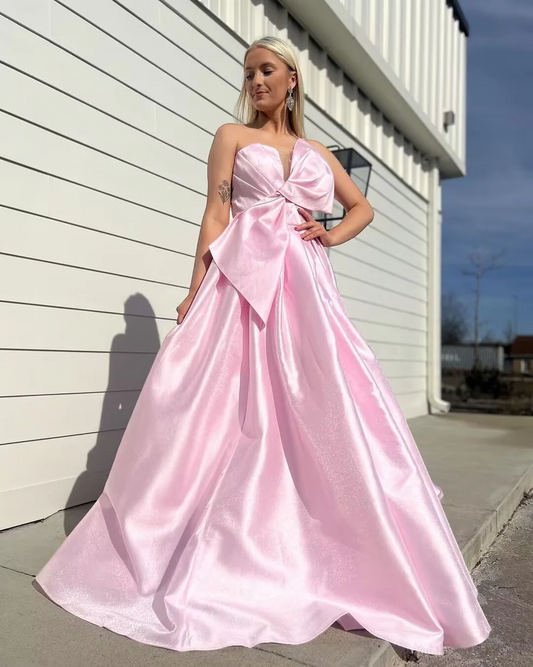 Strapless V Neck Pink Satin A Line Long Prom Dress SP143