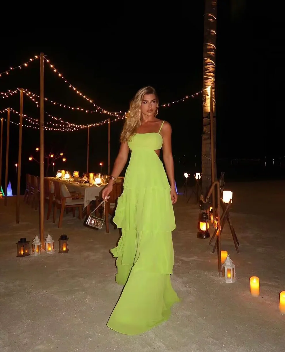 Spaghetti Straps Backless  Light Green A Line Long Prom Dresses SP260