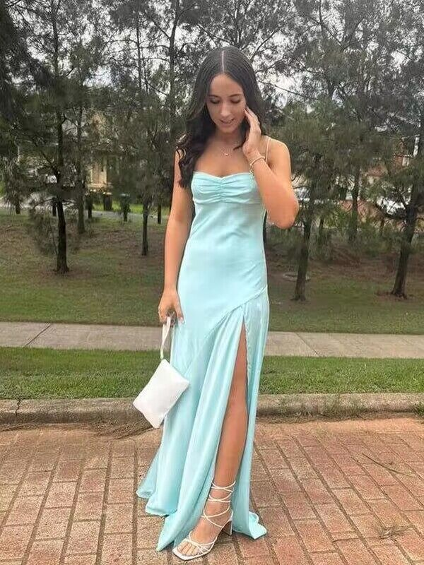 Tiffany Blue A  Line Formal Party Dress  Satin Long Prom Dress  With Slit SP106