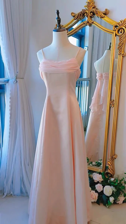 Spaghetti Straps Pink A Line Long Prom Dress Formal Party Dress SP370