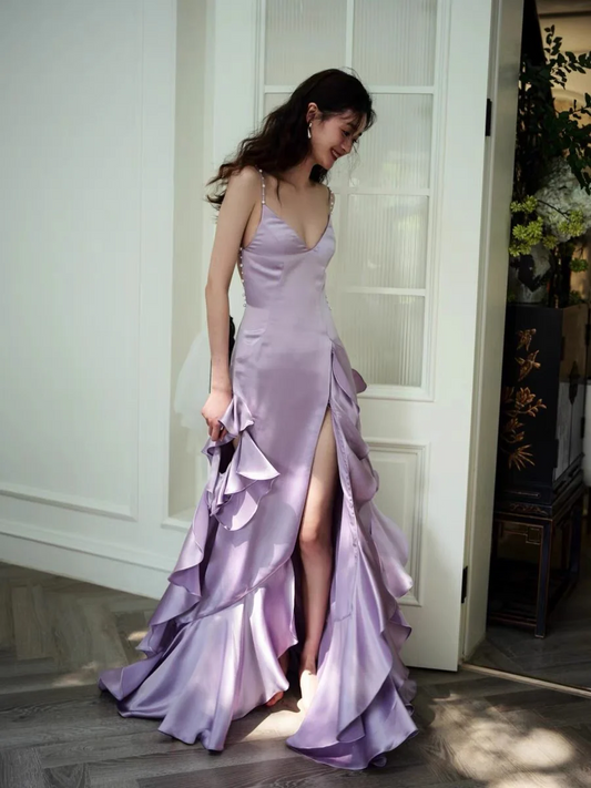 Spaghetti Straps Ruffle Purple A Line Satin Long Prom Dress With Slit SP385