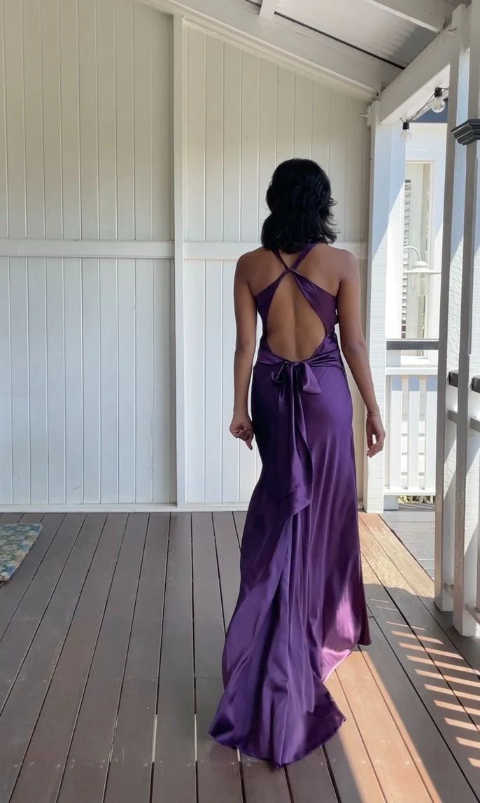 V Neck Open Back Purple Satin Sheath Long Prom Dresses SP359