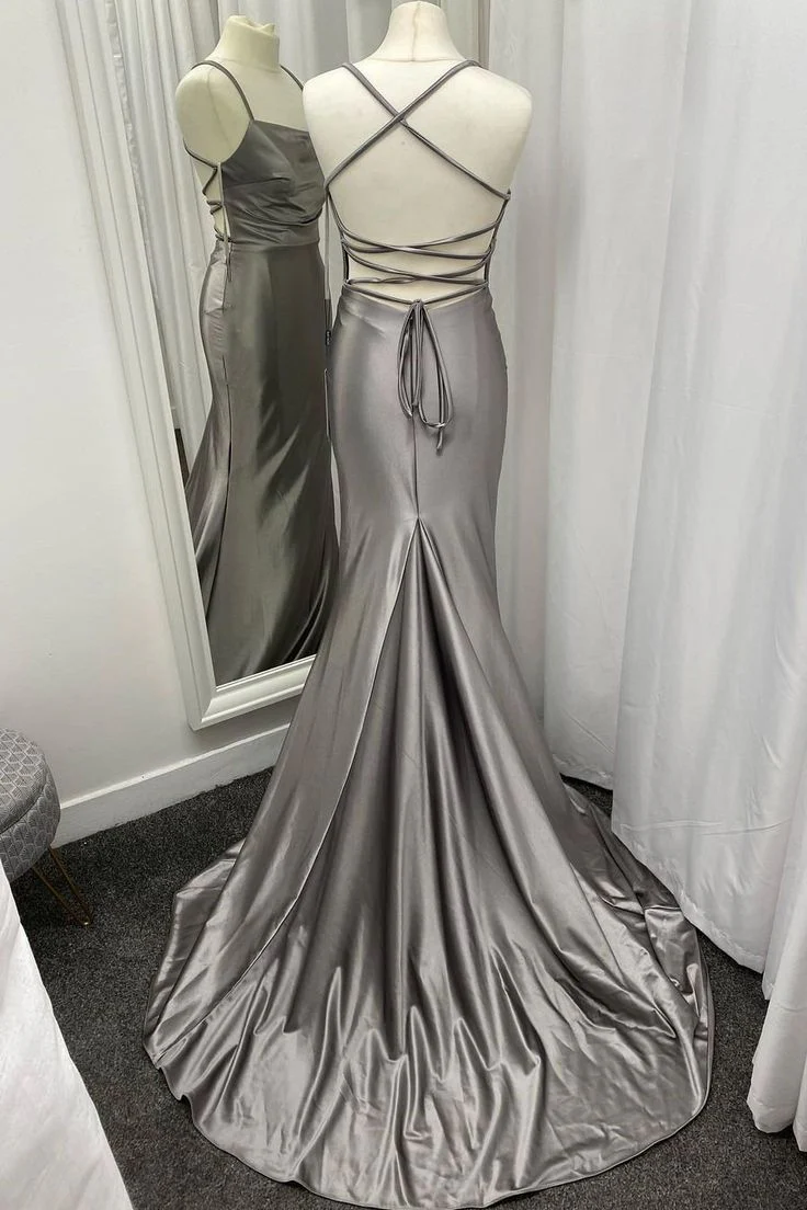 Spaghetti Straps Grey Mermaid Satin Long Prom Dress SP438