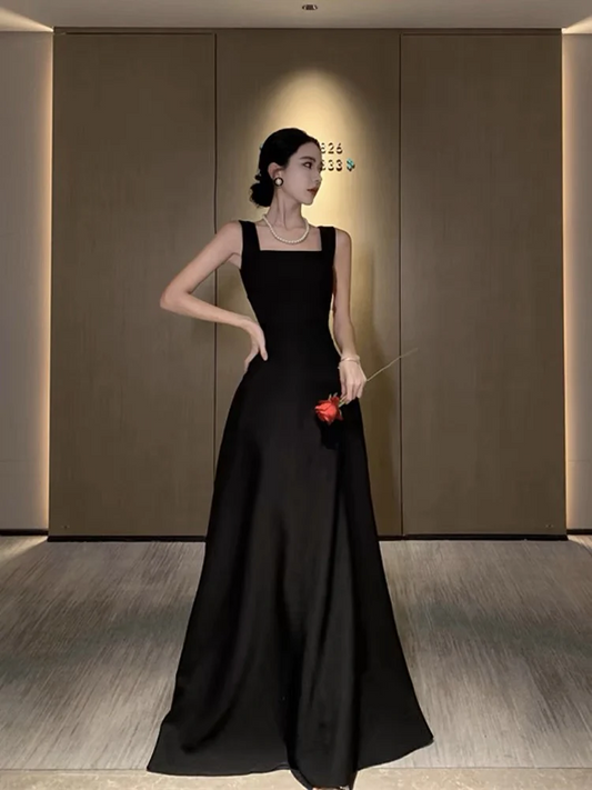 Elegant Black Satin Evening Dress A Line Long Prom Dress SP393
