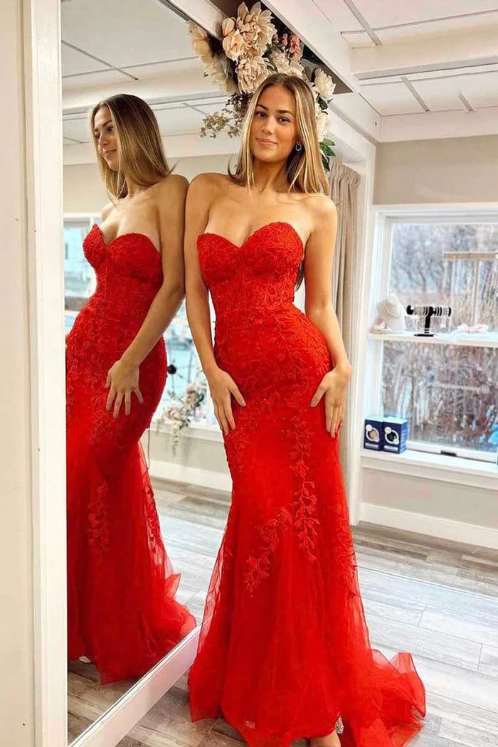 Strapless Red Evening Dress Mermaid LaceLong Prom Dress SP402