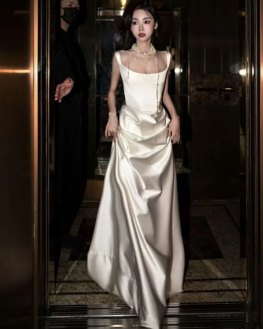 Straps French Style White Satin A Line Elegant Prom Dress SP195