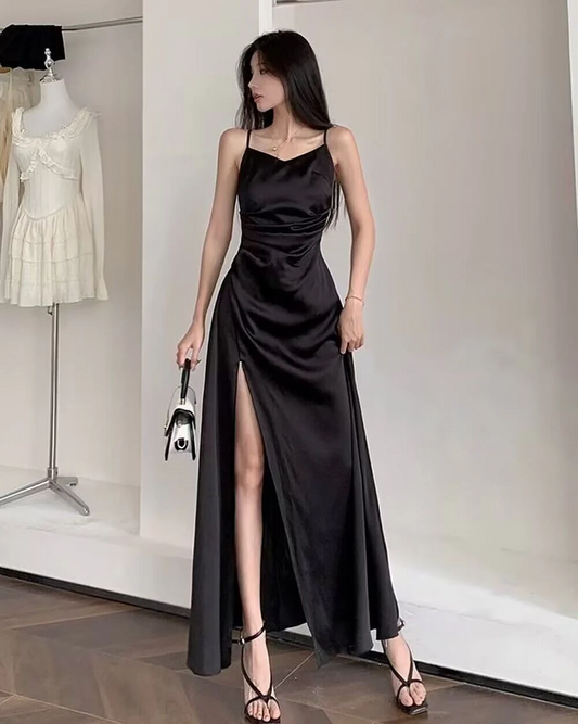 Spaghetti Straps Black A Line Satin Long Prom Dresses With Slit SP297