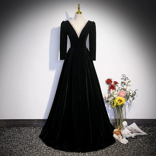Black Velvet A Line Prom Dress Elegant Deep V Neck Evening Dress SP565