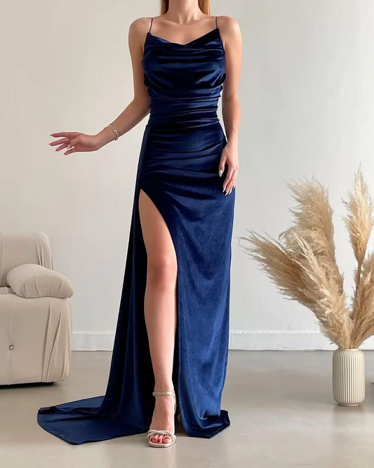 Spaghetti Straps Backless Sheath Royal Blue Velvet Long Prom Dresses With Slit SP293