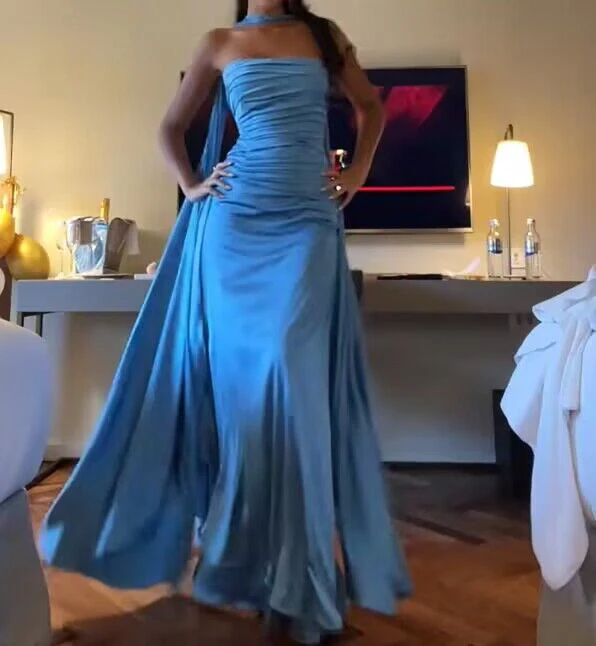 Strapless Blue A Line Satin Long Prom Dress Formal Party Dress SP163