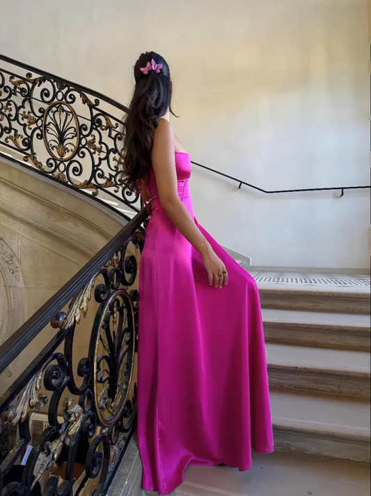 Spaghetti Straps Hot Pink A Line Satin Long Prom Dress SP394