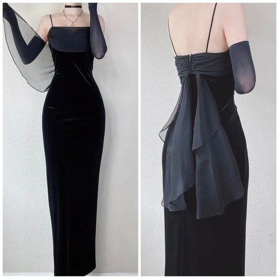 Spaghetti Straps Sheath Black Velvet Long Prom Dress SP843