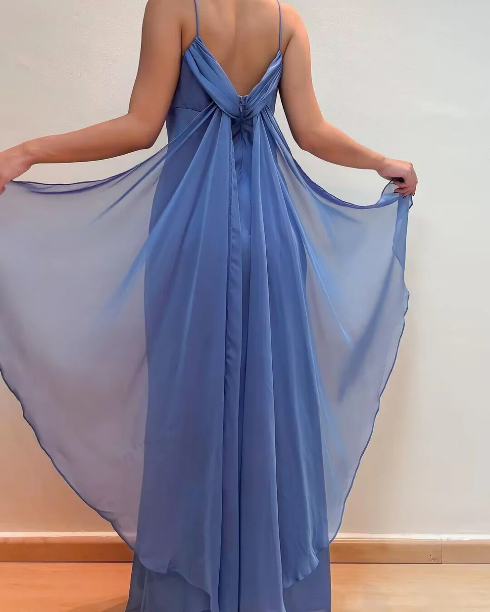 Spaghetti Straps Blue Chiffon Sheath Long Prom Dresses SP282