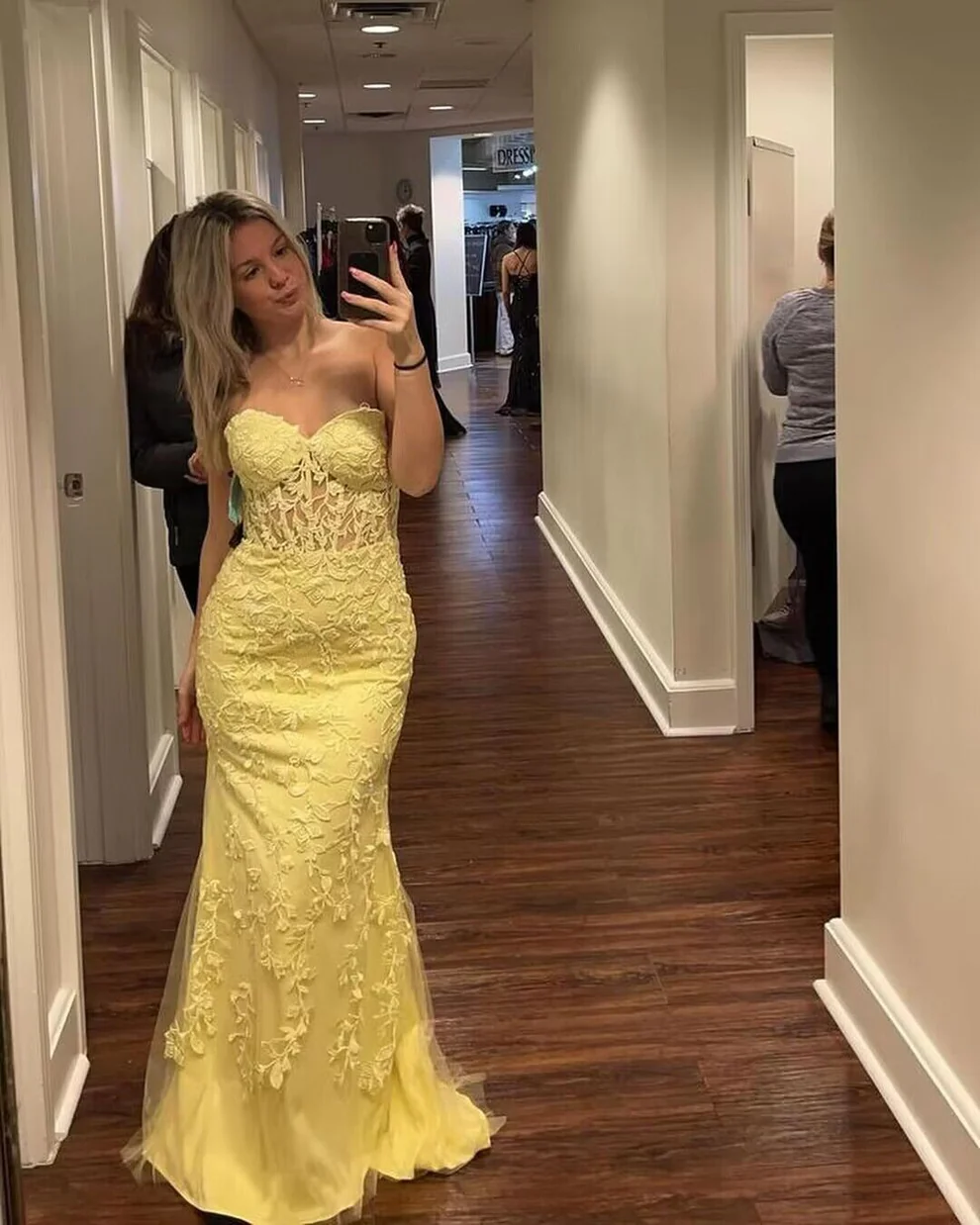 Strapless Yellow Tulle Mermaid Prom Dress With Applique SP303