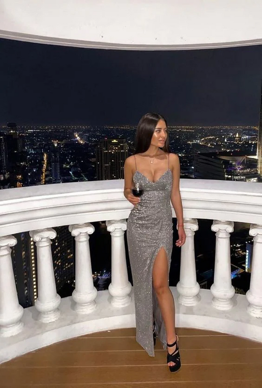 Spaghetti Straps Gray Sequin Sheath Long Prom Dresses With Slit SP326