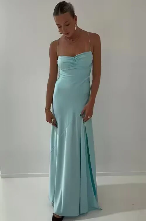 Spaghetti Straps Tiffany Blue A Line Long Prom Dress With Slit SP109
