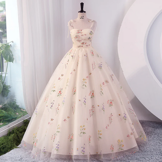 Spaghetti Straps A Line Floral Prom Dress Sweet Tulle Birthday Party Dress SP567