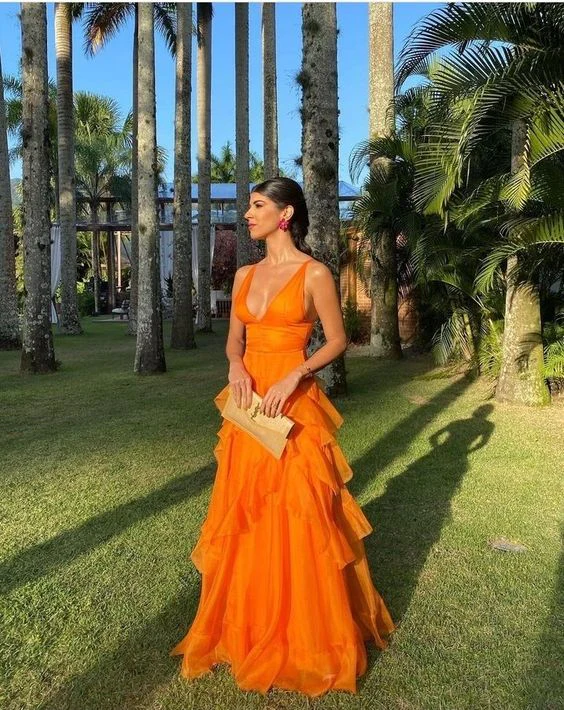 Ruffles Orange Long Prom Dresses V Neck Evening Dress SP83