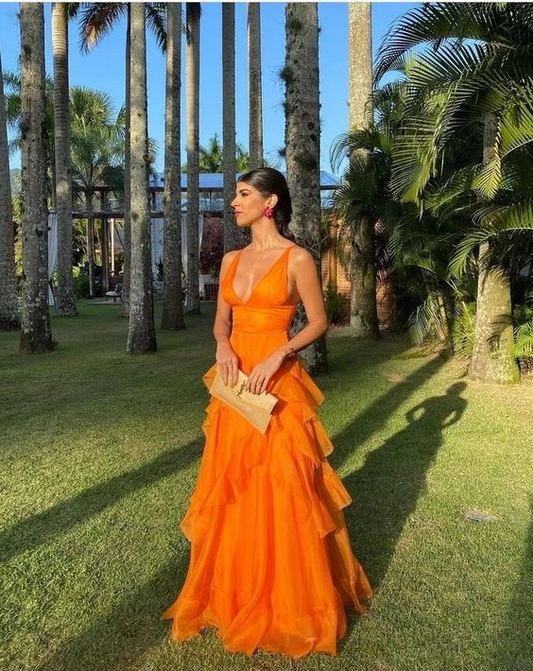 Ruffles Orange Long Prom Dresses V Neck Evening Dress SP83