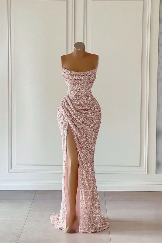 Pink Sequined Sheath Prom Dress With Slit SP741